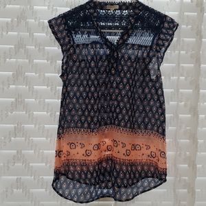 Sheer Blue & Coral Top w/ decorative lace